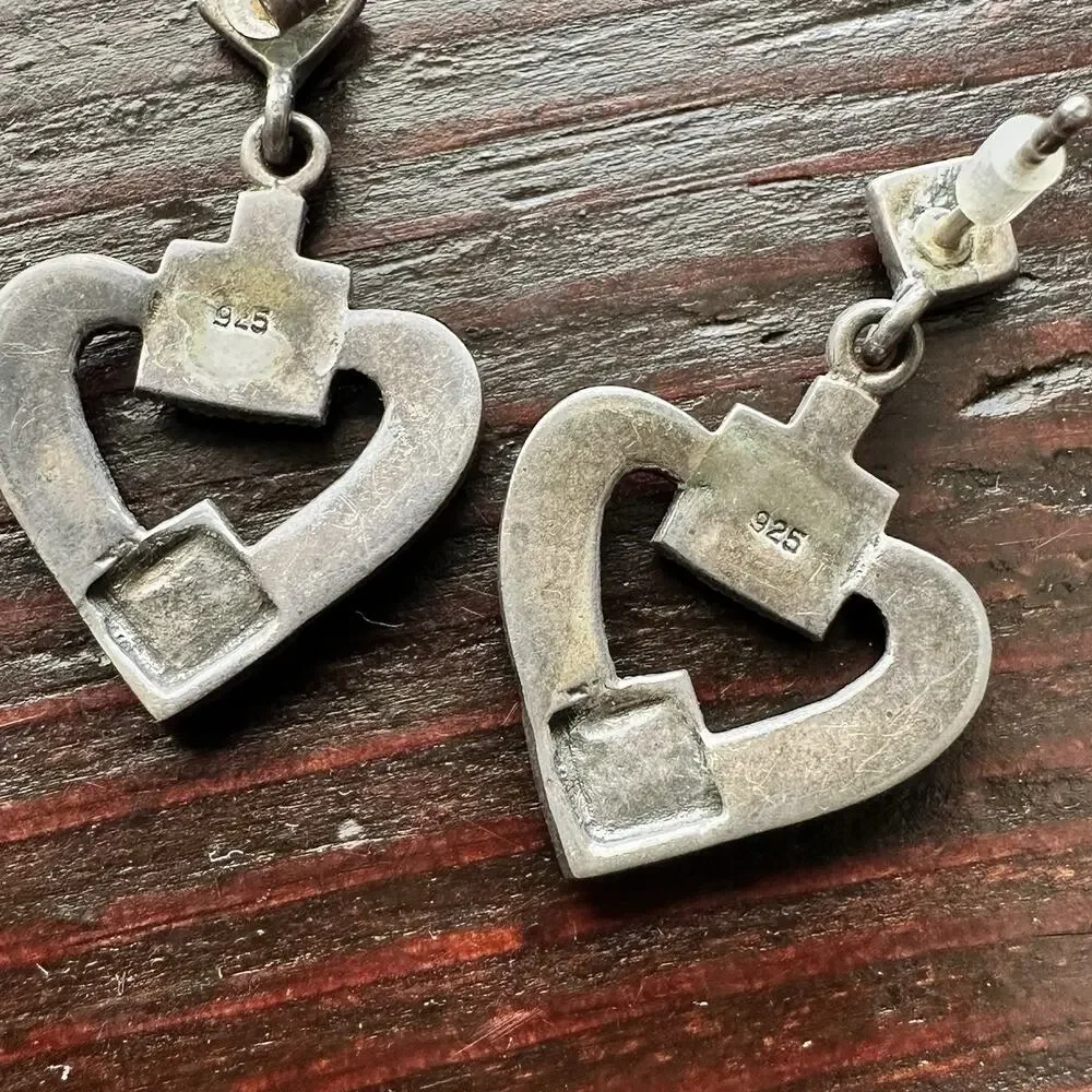 Vintage 925 Sterling Silver Natural Marcasite Heart Pierced Earrings Art Deco